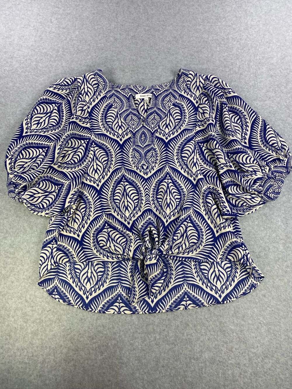 Rose + Olive Women's Blue and White V-Neck Balloon Sleeve Tie-Front Blouse